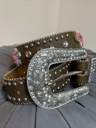 Nocona Children’s Medium Brown Leather Pink Cross Crystal Belt Size 22 - Picture 2 of 7