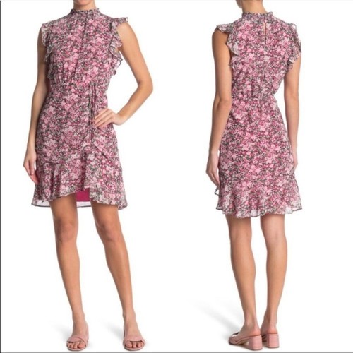 Sam Edelman Blumenkleid rosa Rüschen Größe 12 gerafft Stehkragen Hochzeitsgast