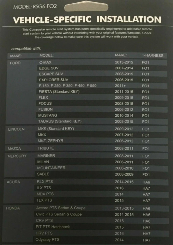 NUEVO Kit de arranque remoto Compustar RSG6-FO2 Ford Lincoln Mazda Mercury Acura Honda Foto 3 de 4