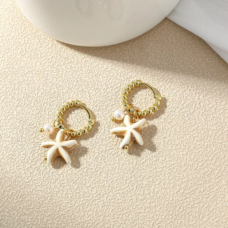 Pendientes Turquesa Estrella Perla Cuentas Aro Cuelga Pendientes Distintivos Foto 4 de 4