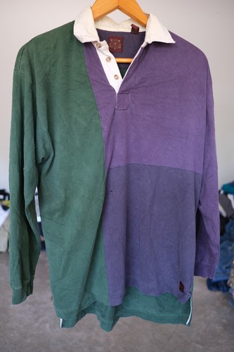Vintage Haggar Casuals grün lila Farbblock Rugby Langarm Polo Herren Gr. L - Bild 1 von 9
