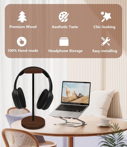 Headphone Holder Stand for Desk, Wood and Metal Headset Hanger Mount Walnut - Picture 5 of 19