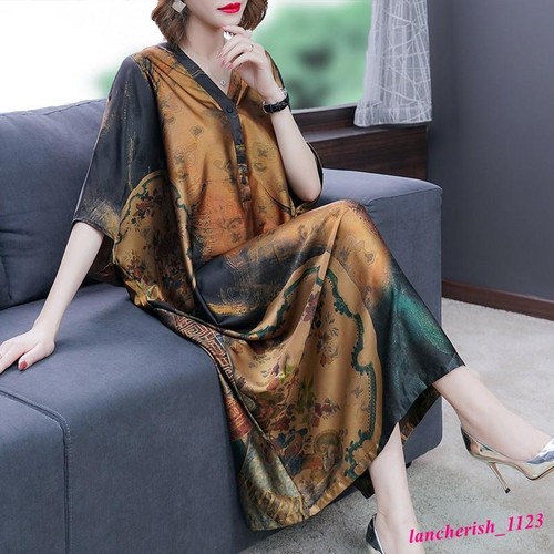 Printing Women's Silk Maxi Dress Kaftan V-neck Long Robe Retro Loose Fashion - Picture 2 of 12