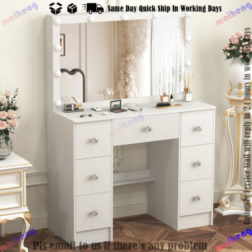 Large LED Lighted Mirror Makeup Dressing Desk Vanity Table with 7 Drawers White - Picture 4 of 12
