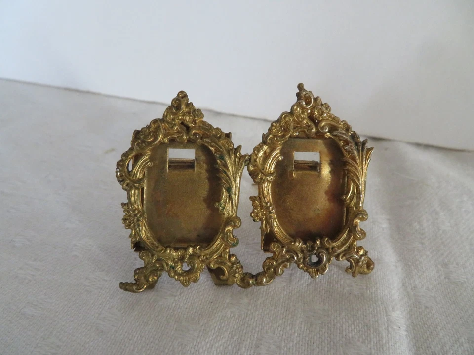 Rare ancien mini cadre double ancien en bronze ou laiton à posé XIX - Photo 2/4