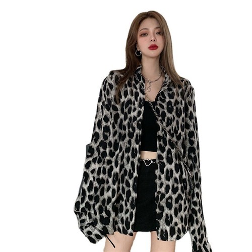 Loose Casual Leopard Print Long Sleeve Harajuku New Women Blouse Shirt Top - Picture 3 of 6