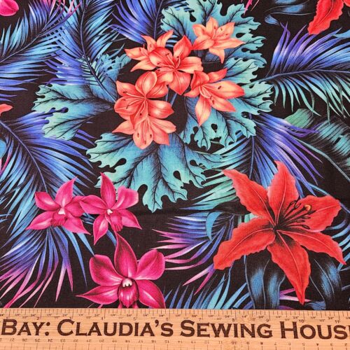 Tropic Gardens BTY P&B Textiles Pink Orange Yellow Blue Floral Black Hawaiian - Picture 2 of 3