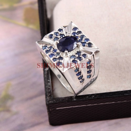 Heated Blue Sapphire Gemstone with 925 Sterling Silver Ring for Men's #236 - Bild 2 von 3