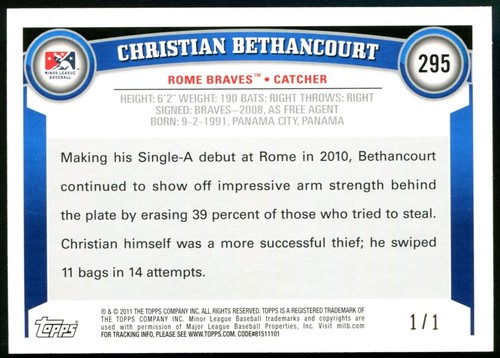 (1) Christian Bethancourt 2011 Topps Pro Debut RED 1/1 ROOKIE RC - Picture 2 of 2