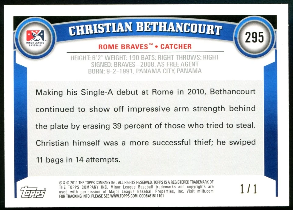 (1) Christian Bethancourt 2011 Topps Pro Debut RED 1/1 ROOKIE RC — 第 2/2 张图片