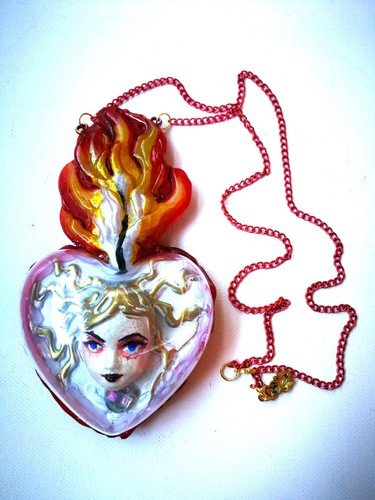 Sacred Heart Luxury Jewelry Flower Pendant Burning Flame Ex Voto Doll Head Jewel - Picture 18 of 24