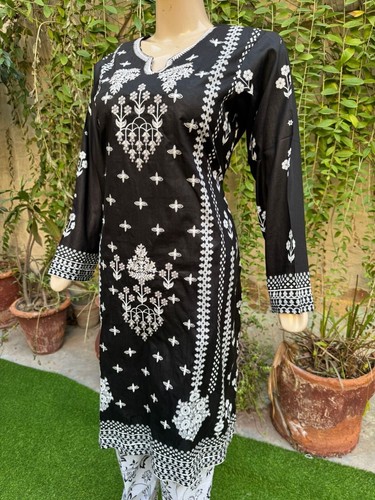 Pakistani Black Printed Straight Shirt 3-PCS Lawn Suit w/ Threadwork ,L - Picture 7 of 10