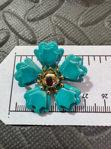 Vintage Lagenlook Emaille Blume Anstecknadel Brosche Türkis Blau Goldfarben mit Clip-ons - Bild 15 von 15
