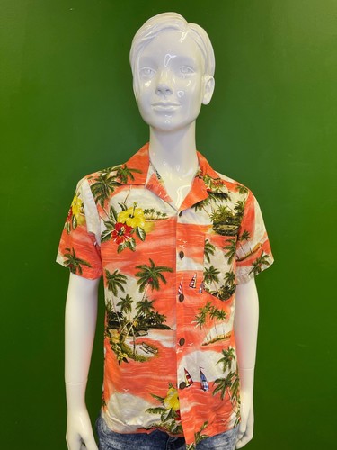Camicia hawaiana Aloha Made in Hawaii arancione palme gioventù media 10 - Foto 1 di 6