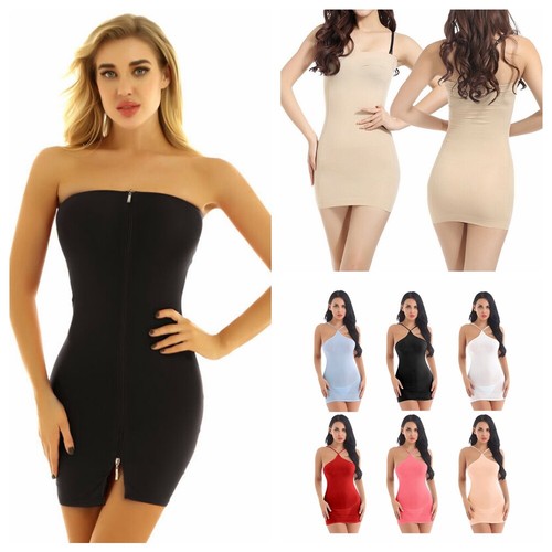 Damen Trägerloses Reißverschluss Schlauchkleid Transparent Babydoll Stretchig Bodycon Minikleid - Bild 1 von 73