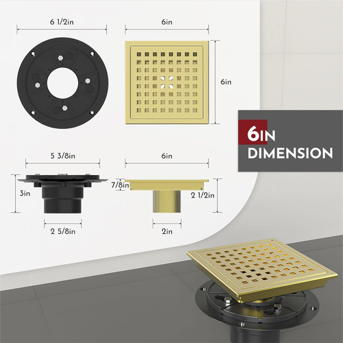 6 Inch Square Shower Floor Drain with Flange,Quadrato Pattern Grate Removable,Fo - Bild 2 von 12