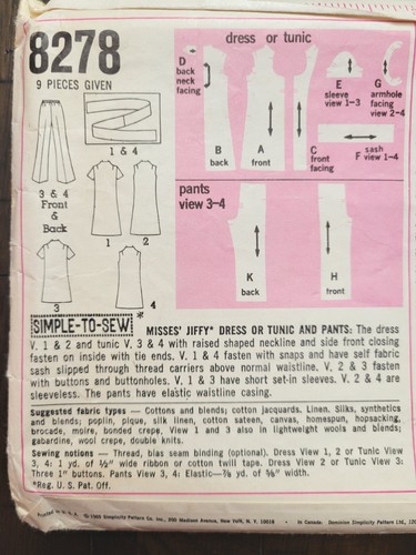 Vtg Simplicity Jiffy Dress or Tunic & Pants Pattern #8278 Size 12 CUT - Picture 3 of 6