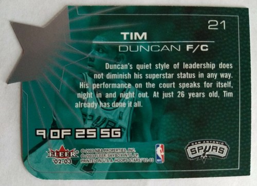 TIM DUNCAN, 2002-03 FLEER HOOPS STARS, STAR GAZING DIE CUT #9 of 25 SG, SPURS - Picture 2 of 2