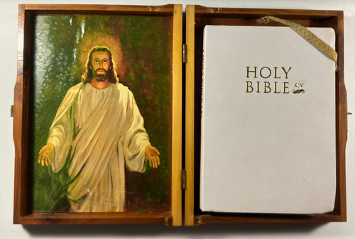 Vintage Holy Bible White Cover King James Version KJV & Beautiful Wooden Case VG - Picture 1 of 15