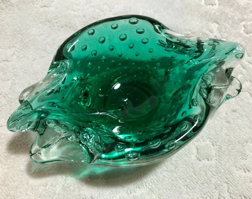 VINTAGE Art-Glass Controlled-Bubble Bullicante Crystal + Blue-Green Ashtray - Picture 1 of 12