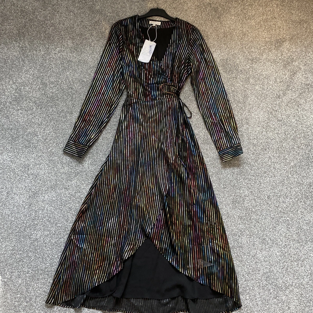 NEW WAREHOUSE RAINBOW FOIL STRIPE MIDI WRAP OVER DRESS DAY NIGHT