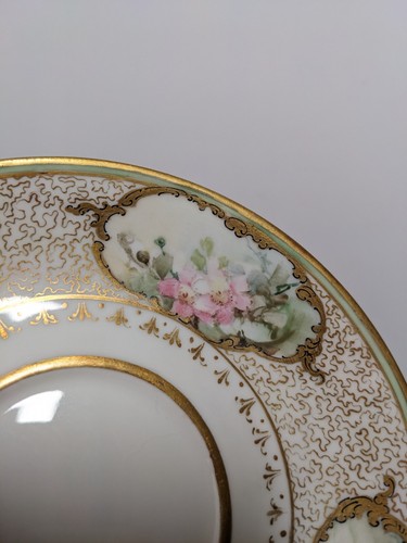 Piatto tazza da tè JPL France Jean Pouyat Limoges dipinto a mano floreale verde oro - Foto 5 di 16