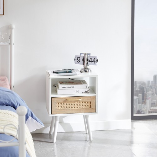 15.75" Rattan End table /Nightstand with Power Outlet & USB Ports, White - Picture 3 of 12
