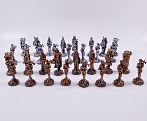 Medieval Times Pewter Heavy Metal Chess Men Set Antique Gold Silver-NO Board