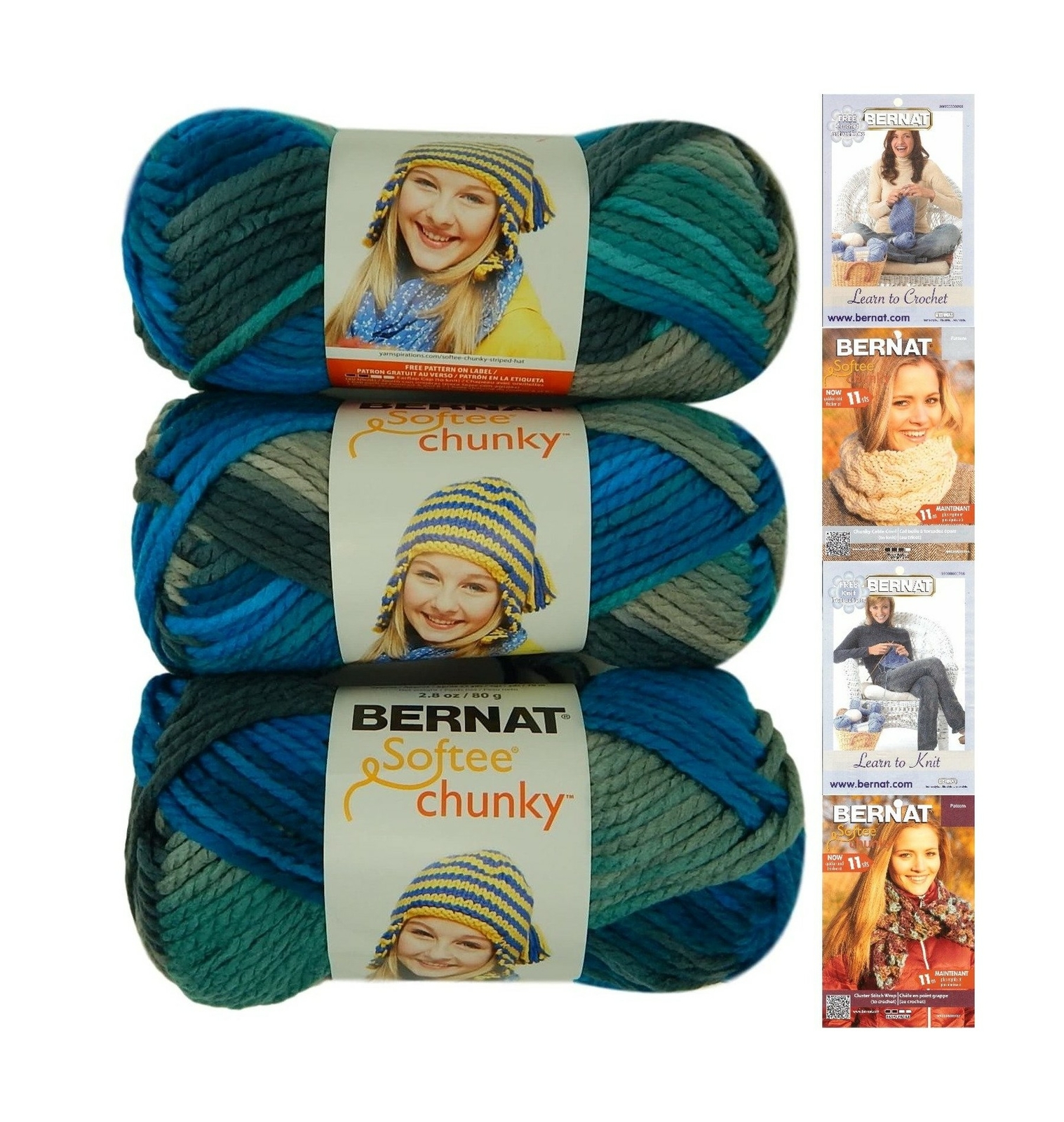 3 Skeins Aqua Bernat Softee Chunky Yarn Bundle Super Bulky Number 6 Gauge