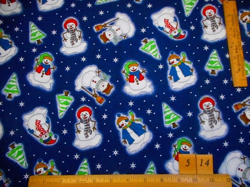 Christmas Fabric 1 1/2 Yard Happy Snowmen White Snow Star Navy Blue Cotton 5 Vtg - Picture 2 of 2