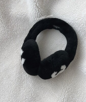 Auth BN Chanel Black White CC Logo Shearling Earmuffs | eBay