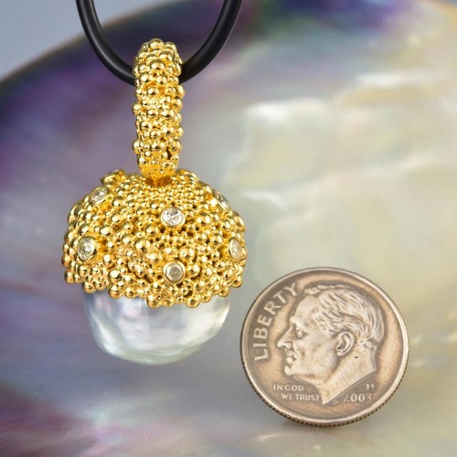 Gigantesco South Sea Pearl Pendant, Oro Vermiglio Argento & Diamanti 15.32g - Foto 12 di 12