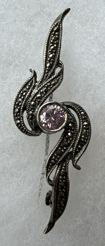 Vintage Pink Amethyst Markasite + .925 Sterling Silver Pin Brooch 2.25” - Picture 9 of 9