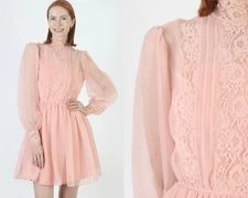 Vintage Victorian High Neckline Dress 70s Peach Sheer Puff Slv Cocktail Party