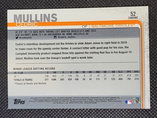 2019 Topps Chrome Cedric Mullins Rookie Card Negative Refractor #52 Orioles - Picture 2 of 3