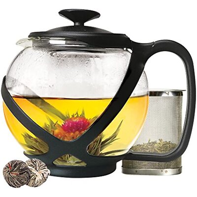 Primula, Black Tempo Glass Teapot with 2 Flowering Teas, 40 oz, 40 Ounces