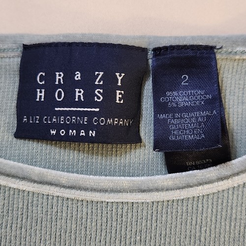 Crazy Horse Woman Top Size 2 Plus Green Ribbed Crew Neck S/S Velour Trim T-Shirt - Picture 4 of 6