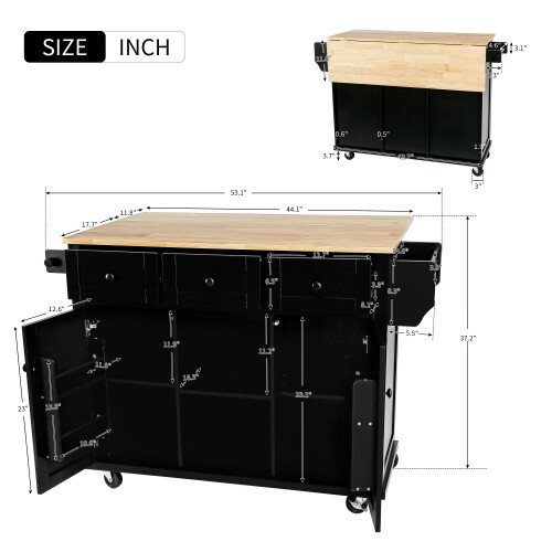 Kitchen Cart with Rubber Wood Drop-Leaf Countertop, Internal Storage Racks - Picture 3 of 14