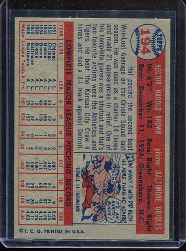 1957 Topps Baseball # 194 Hal Brown (EX-MT) Excellent to Mint - Picture 2 of 2