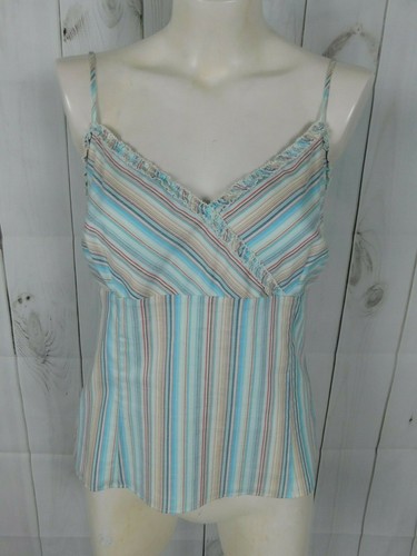 NWT Ann Taylor Blue White Pink Striped Ruffle Trim Spaghetti Strap Woven Top 14