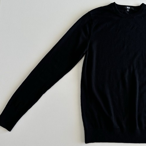 Uniqlo 100% Wool Jumper Size Medium Black Round Neck Classic Preppy Work Office - Picture 4 of 11