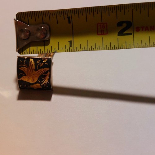 Vintage Men's Cuff Links Damascene Gold tone & Black Square W/Etched Bird - 第 4/6 張圖片