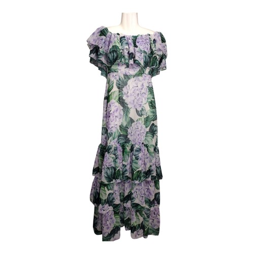 Alexia Admor Dress Women Size 4 Hydrangea Print Maxi Ruffle Off The Shoulder - Picture 2 of 12