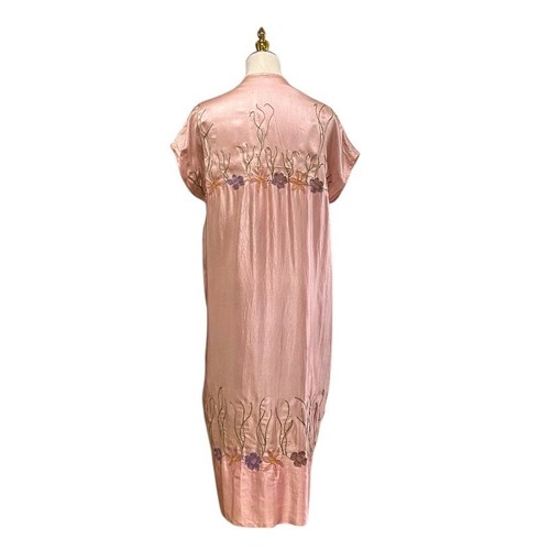 Vintage 20s Flapper Pink Silk Floral Embroidered Dressing Gown Kimono Robe SZ M - Picture 16 of 17
