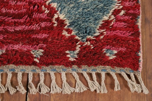 Geometric Wool Plush Red Moroccan Oriental Accent Rug 3x5 ft Handmade - Picture 5 of 17