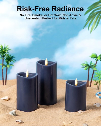 Navy Blue Flameless Candles with Remote and Timer, Real Wax Made LED Pillar C... - Picture 3 of 9