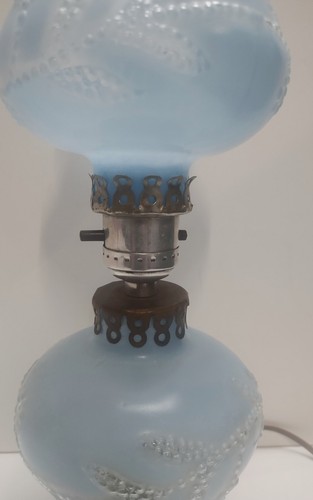Vtg Blue Frosted Glass w/Embossed Floral Design Boudoir Desk Night Lamp 13" - Picture 4 of 14