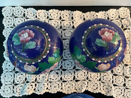 Vintage Pair Chinese Cloisonné Blue Clouds Floral Ginger Jar Urn Vase 7.5” tall - Picture 5 of 24