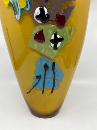 Große Viz Art Glas mundgeblasene bernsteingelbe Vase mit abstrakten Akzenten 18" Zustand - Bild 4 von 18
