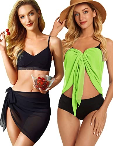  2 Pieces Women Beach Sarong Bathing Suit Wrap Skirt Black & Fluorescent Green - Picture 3 of 5
